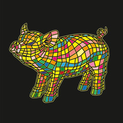 Beautiful colored pig isolated on black background, stylized of Mosaic.