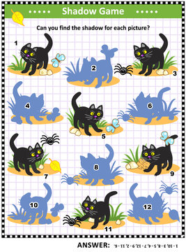 Halloween themed visual puzzle or picture riddle with black cat: Can you find the shadow for each picture? Answer included.
