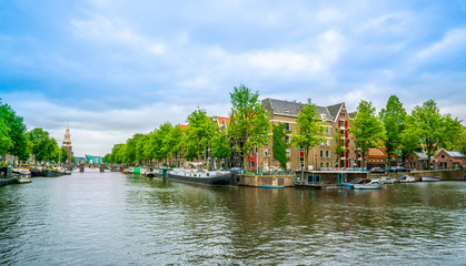 Fototapeta na wymiar Amsterdam May 18 2018 - The Oude Schans channel in the direction of the IJ Lake