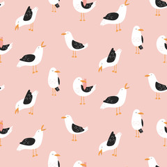 Modern childish seamless pattern with seagulls in vector. Cute cartoon seagulls.  Summer vacation. Good for print.