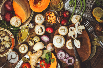 cooking. champignons. tomatoes, pumpkin. food background.