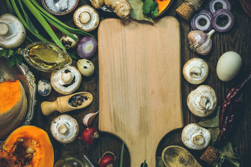 food ingredients. spice. cooking. place for text on a wooden board. food background.
