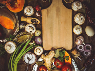 food ingredients. spice. cooking. place for text on a wooden board. food background.