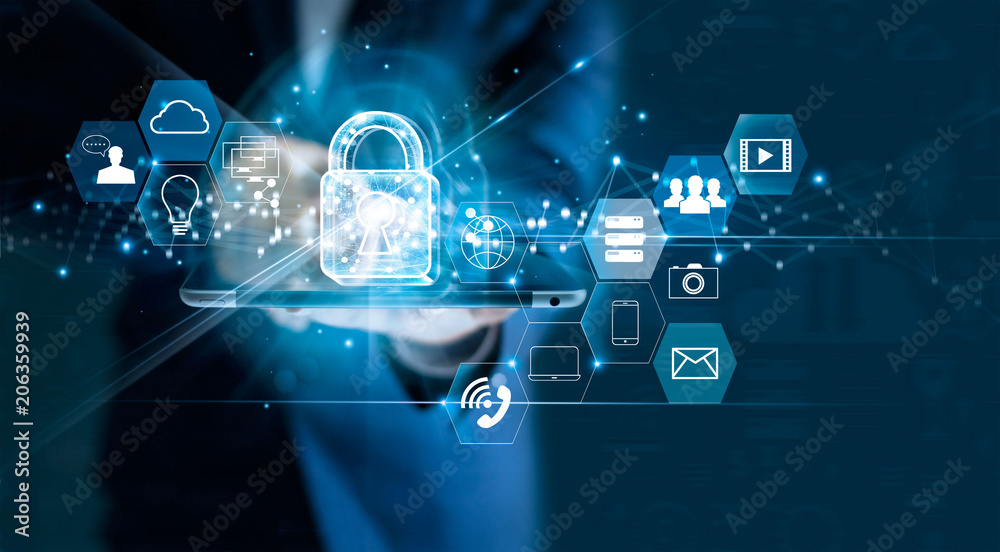 Poster Data protection privacy concept. GDPR. EU. Cyber security network. Business man protecting data personal information on tablet. Padlock icon and internet technology networking connection