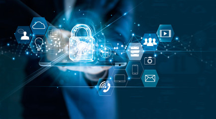 Data protection privacy concept. GDPR. EU. Cyber security network. Business man protecting data personal information on tablet. Padlock icon and internet technology networking connection