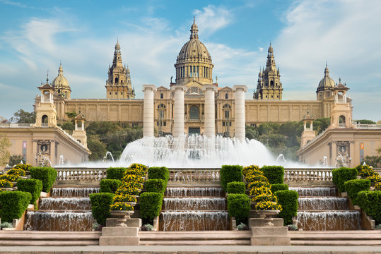 Barcelona Placa De Espanya, the National Museum with magic fountain in afternoon at Barcelona. Spain. Famous landmark in Spain.