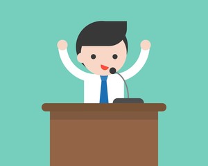 Businessman or politician speaking on podium with microphone, flat design business situation concept