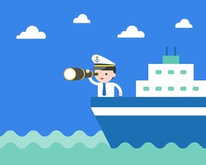 Businessman on cruise ship holding binoculars and wear captain hat, flat design leadership vision business concept