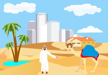 Obraz na płótnie Canvas Desert vector landscape, arabian man cityscape, camel, urban buildings, yellow sand barhans mountains, concept illustration
