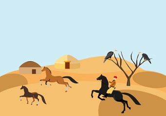 Desert vector landscape, nomads village and horses, yellow sand barhans concept illustration