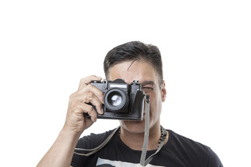 happy young man with camera