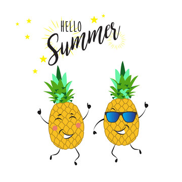 CUTE FUNNY PINEAPPLE ON WHITE BACKGROUND. HELLO SUMMER LETTERING. HOLIDAY FEELING. SUMMER INSPIRATION TEMPLATE