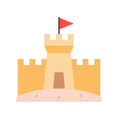 Sand castle on beach, flat design icon