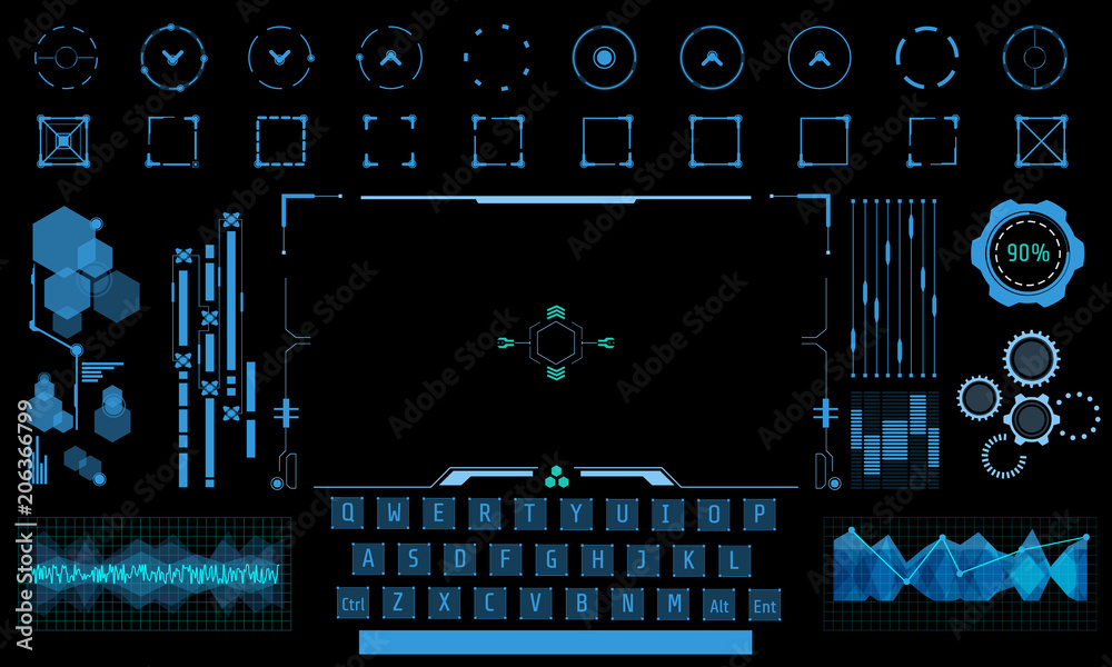Fototapete HUD User Interface Space Monitor Control Design Concept Control Panel Element Vector Set. Abstract Futuristic UI Game Template Illustration.