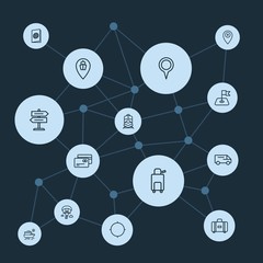 Abstract background with polygonal connected lines and transports, location, travel outline icons. Can be use for websites, mobile apps, presentations and other design works