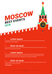 Moscow Kremlin poster template. Spasskaya tower of the Kremlin on red square in Moscow, Russia. Russian national landmark in flat style. City events banner.