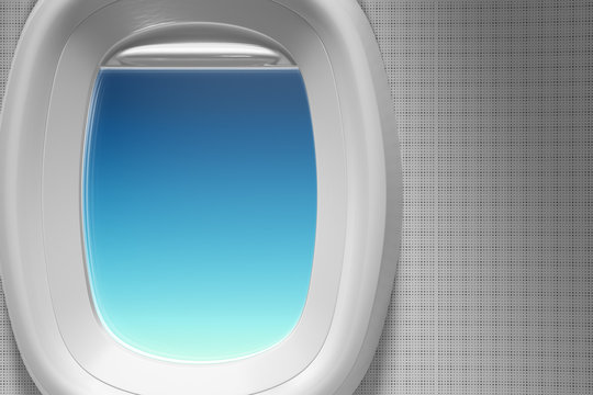 3d rendering close-up shot of white open airplane window with copy space on blue sky background with clipping path.