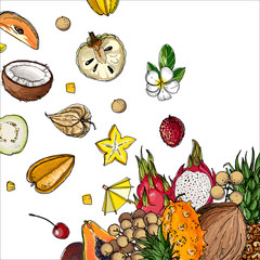 Flying exotic fruits on a white background