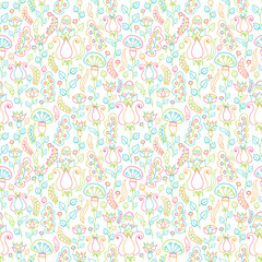 Seamless background with floral patterns. Summer ornament. Vintage Pattern. Elements of flowers and leaves. Vector illustration. Used for wallpaper, printing on the packaging paper, textiles.