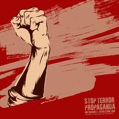Raised protest human fist. Retro revolution grunge poster design	