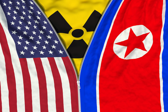Zipper separates or connects US and North Korean flags with radiation symbol