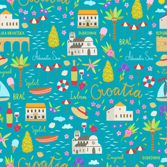 Obraz premium Croatia seamless pattern. Travel symbols of Croatia. Cute illustrations with architecture, food, nature elements on background