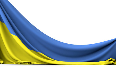 Ukraine national flag hanging fabric banner. 3D Rendering