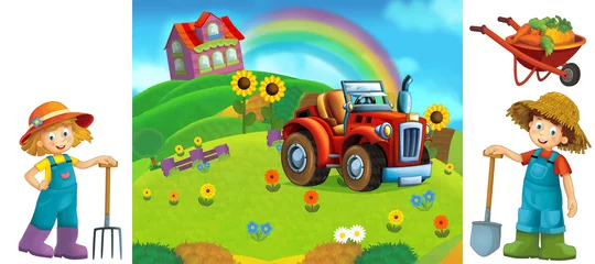 Fototapete Bauernhof cartoon scene with kids on the farm having fun - illustration for children  © honeyflavour