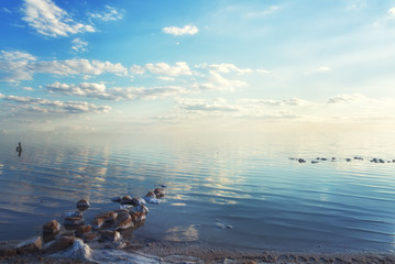 Stones and reflection of the sky in the salt lake of Elton, Russia