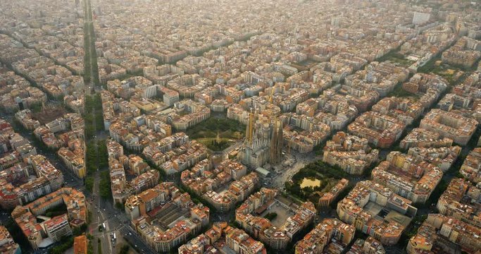 Aerial view of Barcelona Eixample residential district with urban grid, Spain