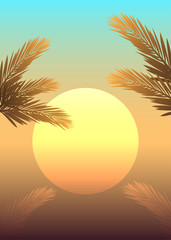Summer themed banner with sunset and palm trree leaves