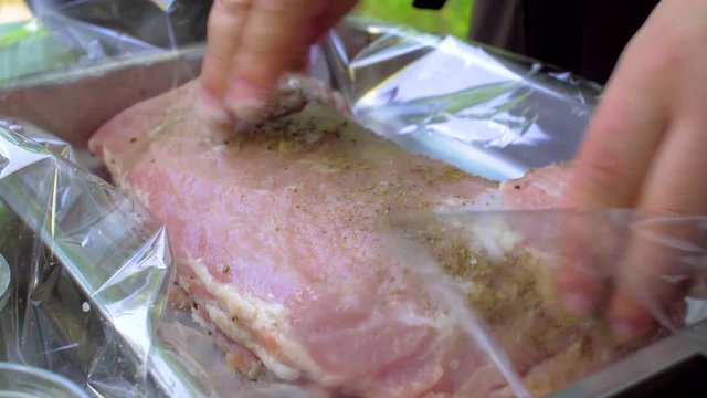 Chef grind meat with spices