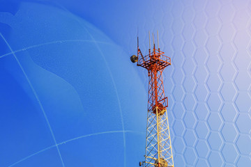 concept 5G smart mobile telephone radio network antenna base station on the telecommunication mast radiating signal