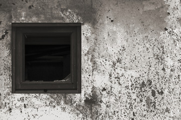 Old aged rusted grey black white shack hut wall paint broken window glass wooden frame rusty dirty...