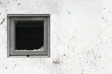 Old aged rusted grey black white shack hut wall paint broken window glass wooden frame rusty dirty...