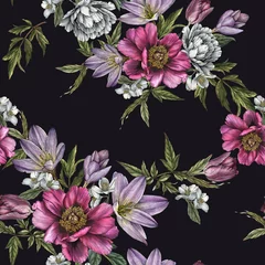 Möbelaufkleber Floral seamless pattern with watercolor peonies, roses, tulips and jasmine flowers © lesia_a