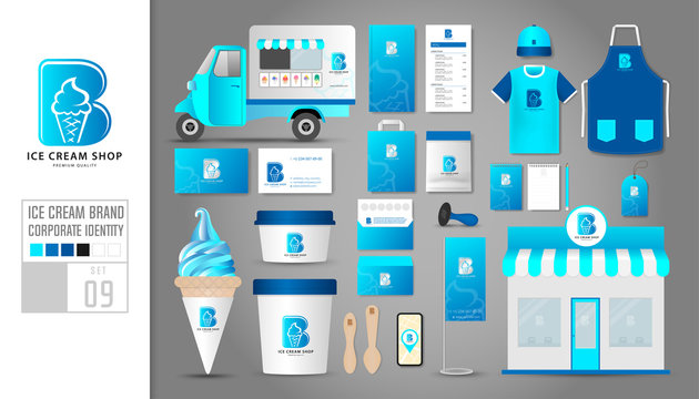 Corporate identity template Set 9. Logo concept for ice cream shop, cafe, restaurant. Realistic mock up template set of shop, car, t-shirt, apron, cap, cup, menu, rubber stamp, coupon, package.