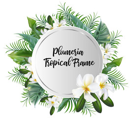 Circle banner with  palm leaves with plumeria flower