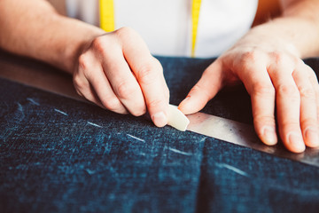 Tailor man working in his tailor shop, Tailoring, close up