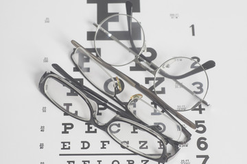 Fototapeta premium Eyeglasses on eyesight test chart background.