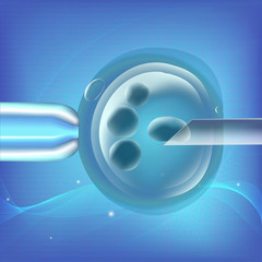 In vitro fertilization IVF, the egg, ovum, pipette and pipe horizontal, reproduction in humans illustration for an article, site, typography magazine, brochure, flyer, poster. Blue science background.