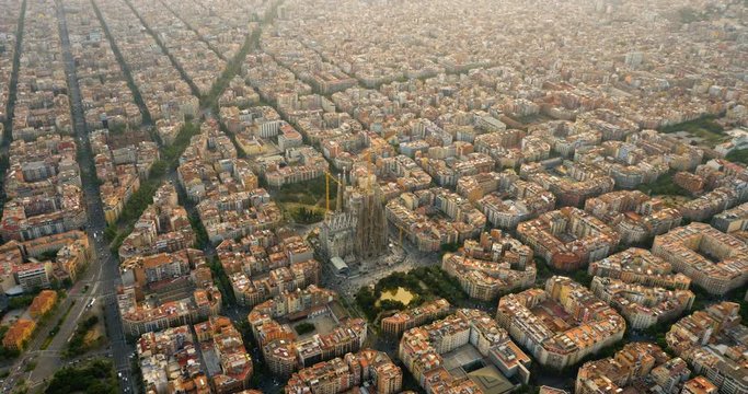 Aerial view of Barcelona Eixample district with typical octagon urban grid, Spain