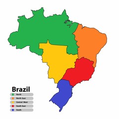 Brazil map of multi-color with countries and capital cities on white background. Vector illustration