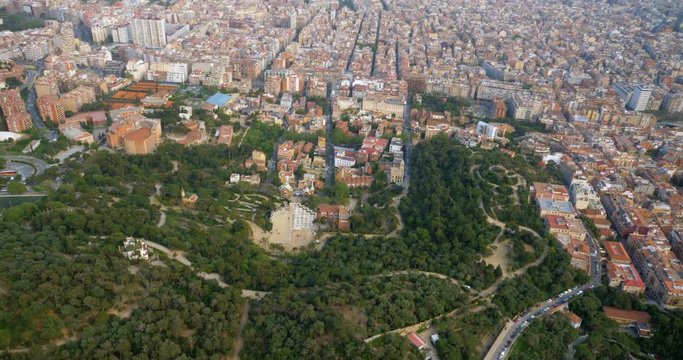 Aerial wide angle view of Park Guell and city of Barcelona, Spain