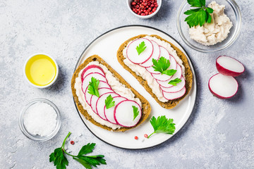 white bean hummus radish sandwiches on concrete background. Top view, space for text.