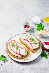 white bean hummus radish sandwiches on concrete background. Selective focus, space for text.