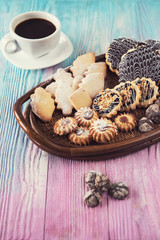 Fototapeta na wymiar Tasty different cookies set on a color gradient background