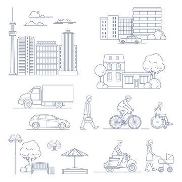 Set of modern city elements in line art style