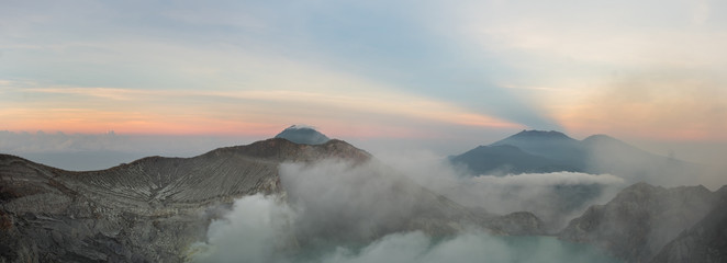 Fototapeta premium Panorama view on crater Kawah Ijen. At Bondowoso, Indonesia