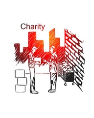 Hand drawn charity, homeless, donate, background city, urban, backstreet